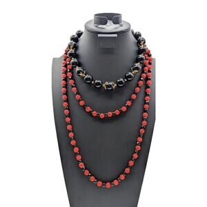 Lot of Two Vintage Black Gold Tone & Brick Color Beaded Necklaces